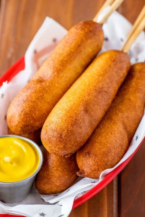 Homemade Corn Dogs - Homemade Hooplah Corn Dog Batter, Homemade Corn Dogs, Homemade Corndogs, Corndog Recipe, Cincinnati Chili, Batter Mix, The Slow Roasted Italian, Carnival Food, Batter Recipe