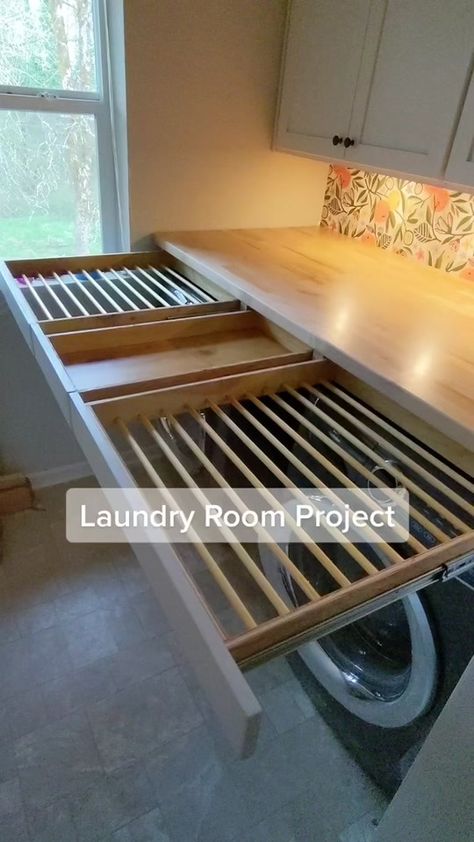 Utility Drying Room, Laundry Room With Pull Out Drying Rack, Small Laundry Room With Closet, Build In Drying Rack Laundry, Laundry Drying Rack Drawer, Drying Rack Drawer Laundry, Small Laundry Room With Drying Rack, Laundry Room Design With Drying Rack, Innovative Laundry Room Ideas