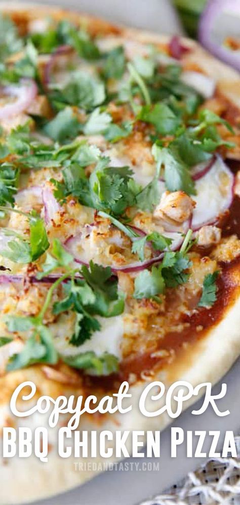 BBQ Chicken pizza! So good and the perfect way to spice up your menu. Inspired by California Pizza Kitchen, and tastes just as delicious.  #pizza #dinner #recipe #easy #easyrecipe #homemade #copycatrecipe #cpk #chicken #BBQ Copycat California Pizza Kitchen Recipes, Cpk Bbq Chicken Pizza, California Dinner Recipes, Cpk Recipes, California Pizza Kitchen Recipes, Jerk Chicken Pizza, California Recipes, Bbq Chicken Pizza Recipe, Chicken Flatbread Pizza