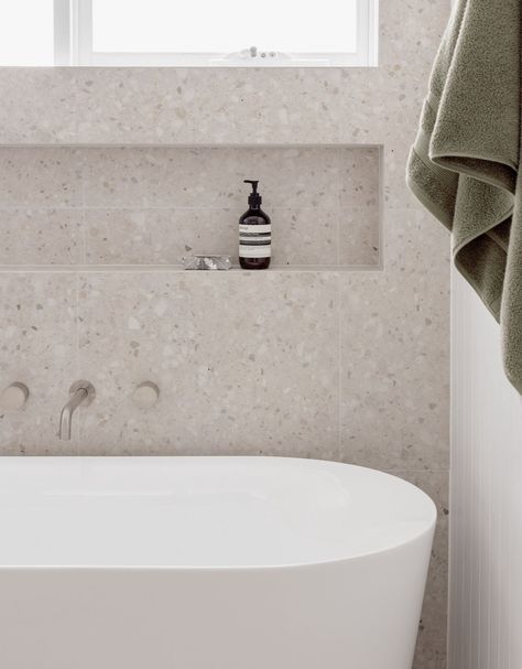 We're in love with @taurodesigns bathroom design. 🤩 Our Sparkle Beige terrazzo tiles look fabulous and is a popular choice with our clients! - Introduce contemporary luxury into your space with our tiles.   Currently 20% off with our EOFY sale ✨ T&C's Apply Bathroom Ideas With Terrazzo, Part Tiled Bathroom, 2x2 Tiles Bathroom, Small Bathroom Big Tiles, Bathroom Design Mood Board, Restroom Inspirations, White Wall Tiles Bathroom, Neutral Tiles Bathroom, Terrazzo Floor Tiles Bathroom