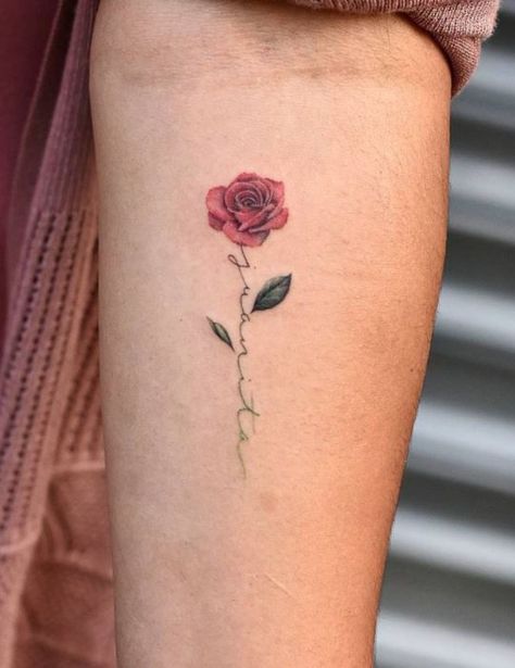 Name Flower Tattoo, Rose Tattoo With Name, Little Rose Tattoos, Small Rose Tattoo, Red Rose Tattoo, Skeleton Hand Tattoo, Inspiration Tattoos, Gorgeous Tattoos, Tattoo Ideas For Women