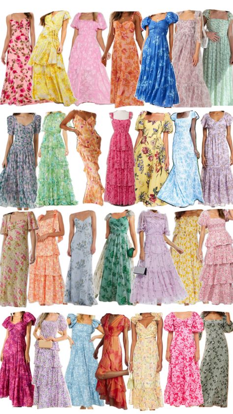 Bridesmaids Dresses- Mismatched Colorful Floral Inspiration- bridesmaid dress lineup inspiration with multicolor floral dresses, garden party wedding, wildflower wedding Floral Bridesmaid Dresses Mismatched, Whimsical Bridesmaids Dresses, Spring Wedding Bridesmaids, Floral Themed Wedding, Multicolor Floral Dress, Wedding Theme Color Schemes, Wildflower Wedding Theme, Floral Bridesmaid Dresses, Bridal Shower Outfit