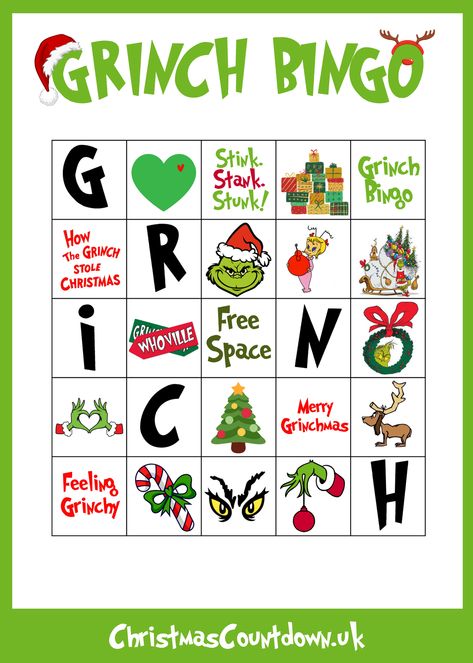 Grinch Bingo, Free Printable Grinch, Printable Christmas Bingo Cards, Free Christmas Games, Christmas Bingo Printable, Bingo Christmas, Christmas Bingo Game, Christmas Bingo Cards, Grinch Crafts