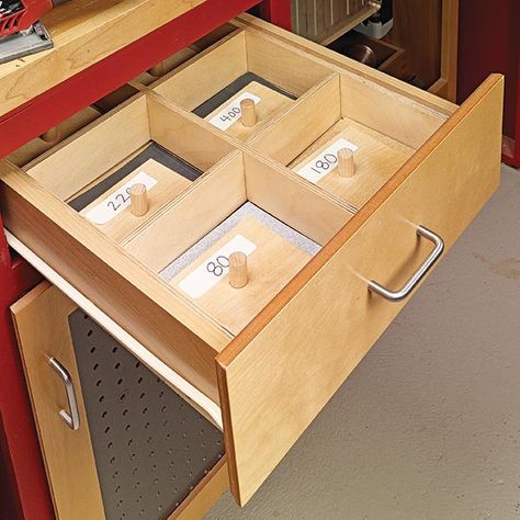 Sandpaper Storage: A tidy way to keep track of custom cut sandpaper. All it takes is some scraps from the lumber rack. Sanding Station, Sandpaper Storage, Small Closet Door Ideas, Garage Organization Shelves, Garage Wall Shelving, Shelves Garage, Diy Closet Storage, Cheap Closet, Garage Door Sizes