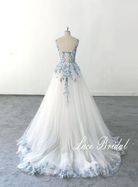 White Dress With Blue Accents, White And Navy Wedding Dress, Blue And White Floral Wedding Dress, Wedding Dresses Blue And White, Blue Flower Wedding Dress, Wedding Dresses With Blue Accents, Plus Size Blue Wedding Dress, Wedding Dresses With Embroidery, Pastel Blue Wedding Dress