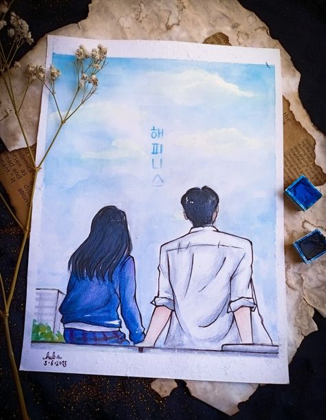 Drawing Of Happiness, Cute Drawing Watercolor, Art Sketches Watercolor Easy, Illustration Art Of Couples, Cool Art Drawings Pencil, Happiness Kdrama Fanart, Happiness Kdrama Drawing, Aesthetic Watercolor Drawing, Kdrama Drawing Easy