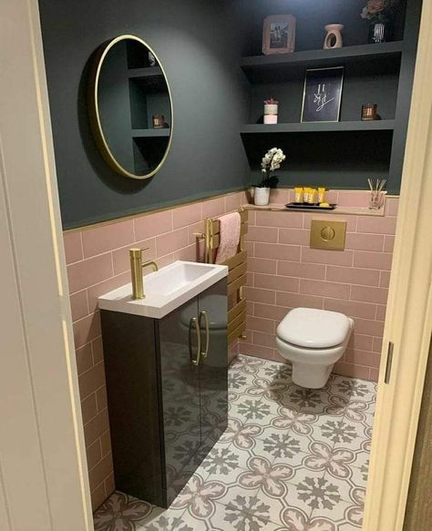 Small Wc Design Toilet Room Wallpaper, Pink Understairs Toilet, Dusky Pink Downstairs Toilet, Statement Downstairs Toilet, Pink Powder Room Small Bathrooms, Pink Downstairs Toilet Ideas, Pink Cloakroom Toilet, Downstairs Toilet Ideas Pink, Fun Downstairs Toilet Ideas