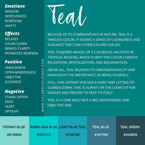 Meaning of the Color Teal: Symbolism, Common Uses, & More (2022) Colour Psychology, Color Symbolism, Color Healing, Relaxing Colors, Color Meanings, Brand Color Palette, Shades Of Teal, Color Psychology, Marca Personal