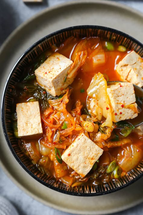 Kimchi Jjigae (Kimchi Stew) | Pickled Plum Kimchi And Tofu Recipe, Kimchi Jigae Recipe Vegetarian, Kimchee Soup, Kimchi Jigae Recipe, Kimchi Beef Stew, Kimchi Soup Recipe, Kimchi Stew Recipe, Tofu Kimchi, Vegetarian Kimchi