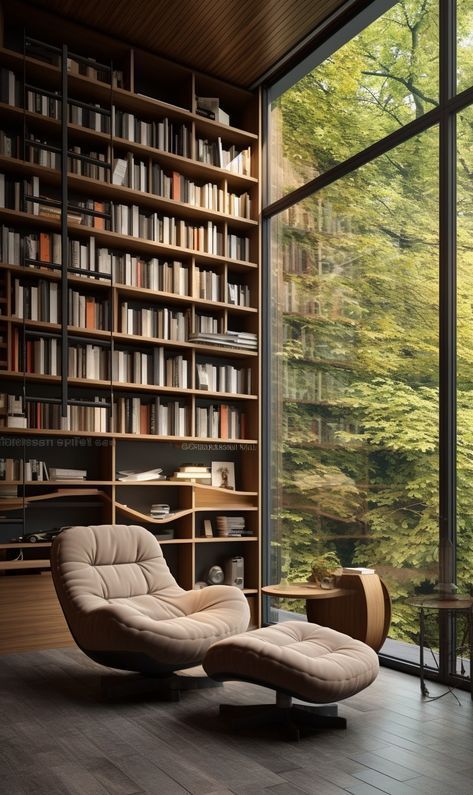 Japandi Library Design, Japandi Library, Japandi Bookshelf, Modern Library Room, Contemporary Library, Libraries In Houses, Modern Home Library, Library Den, Home Library Design Ideas