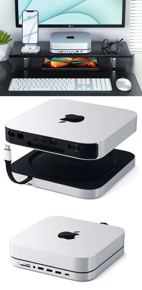 The silver lining with the Satechi Stand & Hub for Mac mini with SSD enclosure is the matching design and silver finish – reminiscent of the 2020 M1 Mac mini. However, it is sized exactly like the Mac mini and looks a natural extension for Apple’s smallest desktop computer. BUY NOW! Mac Mini Desk Setup, Desk Top Ideas, Mac Mini M2, Apple Pc, Custom Gaming Computer, Computer Apple, Dual Monitor Setup, Apple Desktop, Mini Computer