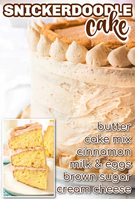 Snickerdoodle Cake Recipe Easy, Snickerdoodle Cake From Box Cake, Easy Snickerdoodle Cake, Snickerdoodle Cake Recipe, Flavor Cakes, Brown Sugar Cream Cheese Frosting, Snickerdoodle Cake, Doodle Cake, Family Desserts