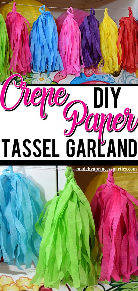 It's easy to make your own tissue paper tassels and even easier to make a tassel garland using crepe paper streamers. Get ready to get creative! Crepe Paper Streamers Ceiling, Things To Make With Streamers, Diy Tassel Garland Yarn, Paper Tassels Decoration, Crepe Paper Tassel Garland, Tissue Paper Streamers, Crepe Paper Ceiling Decorations, How To Make Streamers, How To Decorate With Crepe Streamers