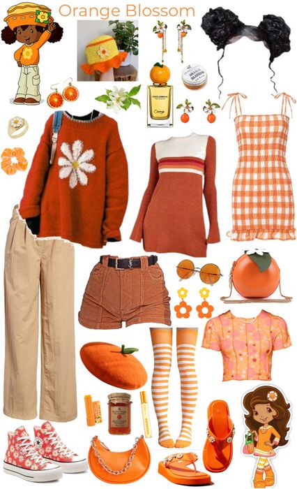 Orange Themed Outfit, Fruit Aesthetic Outfit, Outfits With Orange, Orange Fruit Outfit, Orange Outfits Aesthetic, Fruit Inspired Outfit, Orange Blossom Inspired Outfit, Cute Orange Outfit, Orange Blossom Outfit