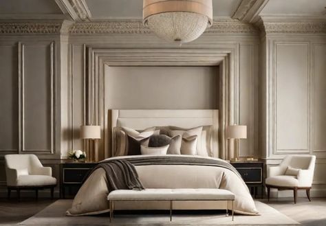 A master bedroom oozing timeless elegance with soft lighting casting a glow Bedroom Color Palette, Terracotta And Green, Parisian Interior, Bedroom Colour Palette, Romantic Retreat, Bathroom Tile Designs, Bedroom Color, Perfect Bedroom, Restful Sleep