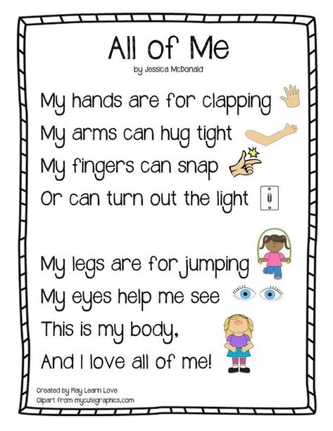 "All About Me" Body Parts Poem : Preschool and Toddler Lesson Plan with Free Printable!: All About Me Preschool Theme, Preschool Poems, Me Preschool Theme, Circle Time Songs, Toddler Lessons, Classroom Songs, Songs For Toddlers, All About Me Preschool, All About Me Activities