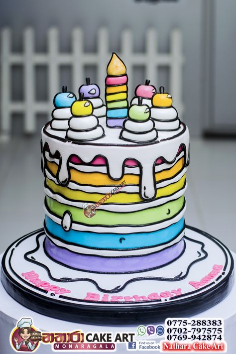 Rainbow Comic Cake, Cartoon 2d Cake, Doodle Cake Design, Cartoon Style Birthday Cake, Comic Cartoon Cake Ideas, 2d Comic Cake Ideas, Pop Art Cakes, Cartoon Cake For Boys, Cartoon Cake Designs Birthday