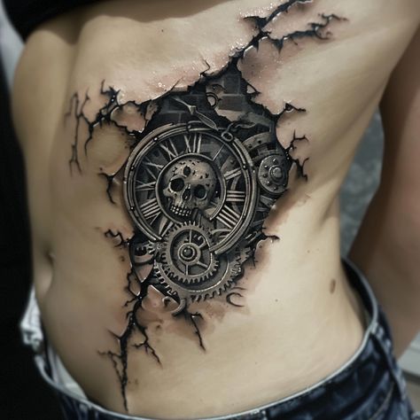 This striking tattoo on the ribcage features a detailed steampunk-inspired design, seamlessly blending elements of time and mortality. Gear Tattoo Design, Steampunk Tattoo Ideas, Steampunk Tattoo Design, Scroll Tattoos, Gear Tattoo, Steampunk Tattoo, Powerful Symbols, Ribcage Tattoo, Clock Tattoo Design