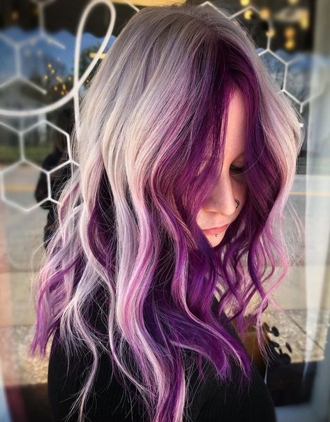 Gray Blonde Hair with Plum Money Pieces Purple And Blonde Hair, Purple Highlights Blonde Hair, Purple Blonde Hair, Purple Brown Hair, Long Purple Hair, Purple Hair Highlights, Grey Blonde Hair, Dark Purple Hair, Plum Hair