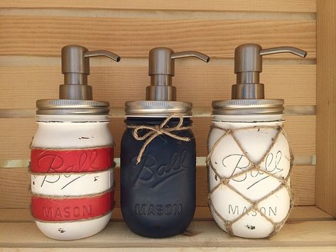 Anchor Bathroom, Shabby Chic Beach Decor, Lighthouse Bathroom, Shabby Chic Beach, Lighthouse Decor, Nautical Room, Nautical Bathroom, Mason Jar Soap Dispenser, Pool Bathroom