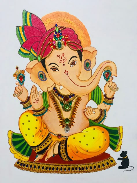 Shri Ganesh Drawing, Ganpati Bappa Embroidery Work, Ganesh Painting On Wall, Cute Ganesha Drawing Sketches, Ganpati Painting Ideas, Ganesh Ji Oil Pastels Drawing, Ganesha Art Painting, Ganesh Ji Drawing Colour, Ganapathi Paintings