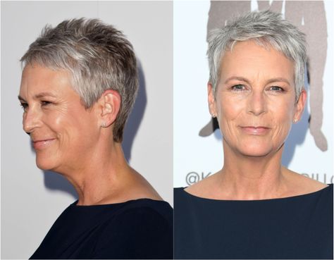 20 Gorgeous Pixie Haircuts on Women Over 50: Jamie Lee Curtis in a Pixie Super Short Pixie Cuts, Asymmetrical Hairstyles, Lee Curtis, Short Grey Hair, Super Short Hair, Shoulder Hair, Jamie Lee Curtis, Funky Hairstyles, Best Short Haircuts