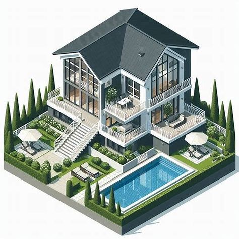 Detailed isometric illustration of a modern, two-story house with a dark grey roof and white exterior walls. The house features multiple balconies with white railings, large windows, and a well-maintained garden. The front yard includes neatly trimmed hedges, a small patio with a table and chairs, and a swimming pool with two lounge chairs beside it. The overall layout is symmetrical, with stairs leading up to the main entrance and balconies on both levels. The illustration i - Image Creator von Sims Balcony, Trimmed Hedges, Sims 4 Garden, Isometric House, Ts4 Builds, Sims Builds, Isometric Drawing, Two Story House, Sims 4 House Design