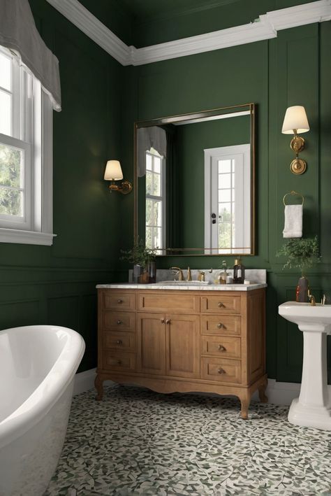 interior design,home decor,interior decorating,wall painting Green Bathroom Walls, Emerald Green Bathroom, Green Bathroom Paint, French Style Bathroom, Dark Green Bathrooms, Bathroom 2024, Green Painted Walls, Small Bathroom Colors, Wainscoting Bathroom