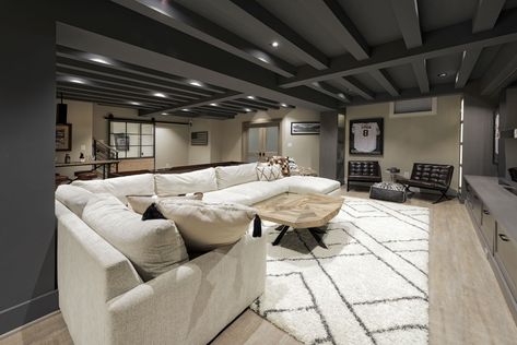 Sports Fan's Dream Finished Basement for Entertaining & Fun in Ashburn Transitional Basement, Basement Remodel Ideas, Industrial Basement, Bar Room Decor, Craftsman Style Doors, Dream Basement, Cave Basement, Bedroom Basement, Modern Basement