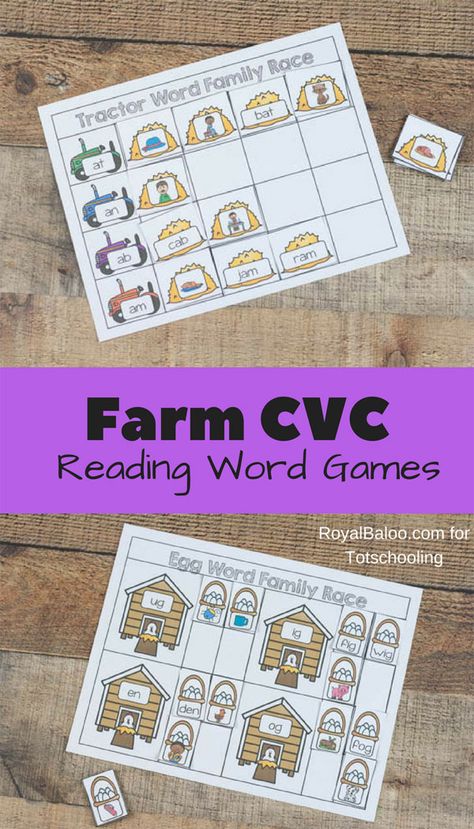 Free printable CVC reading games for kindergarten kids featuring a farm theme. Practice word families with these fun games! Cvc Freebie, Kindergarten Classroom Games, Word Family Games, Reading Games For Kindergarten, Homeschooling Worksheets, Cvc Reading, Games Kindergarten, Education Printables, Games For Kindergarten