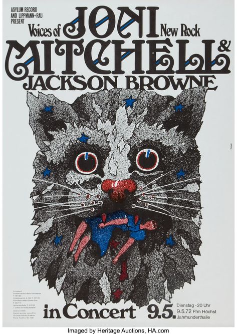 Joni Mitchell & Jackson Browne at Jahrhunderthalle Frankfurt concert poster - Fonts In Use Polish Posters, Vintage Concert Posters, Music Concert Posters, Swinging 60s, Joni Mitchell, Jackson Browne, Gig Poster, Poster Fonts, Concert Venue