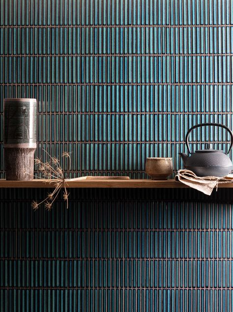 The art and style of historical Japanese pottery production was the inspiration behind our latest mosaics. Zeze is a ceramic tile series that comes in five colour variants, each having a lovely variation of colour and glaze. Kaiyo is the shade pictured here. Bathroom Wall Tiles Uk, Japanese Tile Backsplash, Claybrook Tiles, Green Wall Tile, Tiled Bar, Cafe Vibes, Wet Room Flooring, Japanese Tile, Glazing Techniques