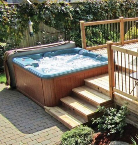 Hot Tub In Corner Of Deck, Hot Tub On Side Of Deck, Deck With A Hot Tub, Hot Tub And Pool Deck, Front Porch Hot Tub Ideas, Sunken Hot Tubs On Decks, Decking For Hot Tub, Sunk In Hot Tub Deck, Deck With Hot Tub And Pool