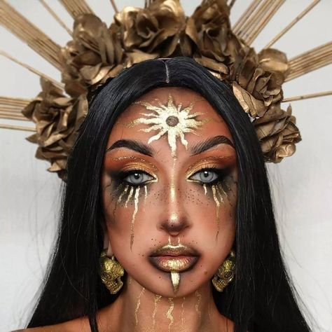 Golden Goddess Makeup Halloween, Leo Inspired Makeup, Sun Goddess Costume Makeup, Beautiful Ghost Makeup, Gold Sun Makeup, Sun Goddess Makeup Halloween, High Priestess Makeup, Gold Witch Makeup, Sun Moon Makeup