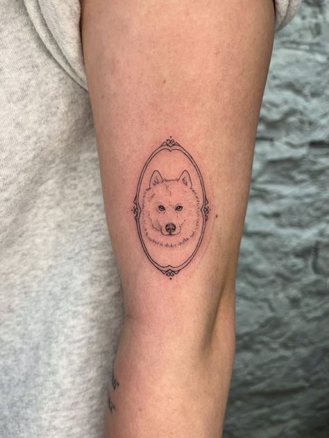 Fine Like Dog Tattoo, Framed Dog Tattoo, Pet Portrait Tattoo Frame, Dog Frame Tattoo, Fine Line Dog Portrait Tattoo, Cool Dog Tattoos, Dog In Frame Tattoo, Dog Tattoo Portrait, Pet Tattoos Dog Memorial