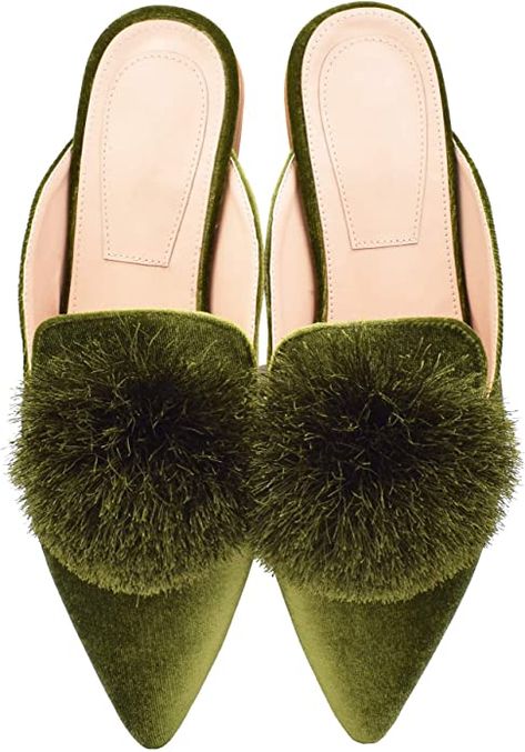 Amazon.com | Fericzot Mules for Women,Slip On Backless Loafers Flats Puff Pompom Pointed Toe Casual Shoes Slippers Green 7 | Mules & Clogs Velvet Mules, Backless Loafers, Pointed Flats, Loafer Slippers, Slip On Loafers, Slip On Mules, Casual Slippers, Green Shoes, Shoes Slippers