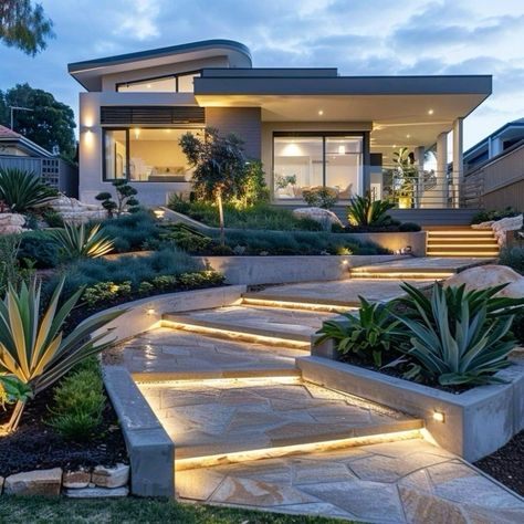 Facade Landscape Design, Front Yard With Turf, Front Garden Ideas Australian, Modern House Garden, Modern House With Garden, Landscape Entrance, Terraced Yard, Modern Landscape Design Front Yard, Sloped Front Yard