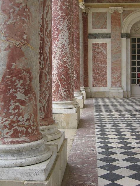 Grand Trianon, Versailles Architecture Baroque, Chateau Versailles, Versailles France, Marble Columns, Castles Interior, Palace Of Versailles, Chateau France, French Chateau, Pink Marble