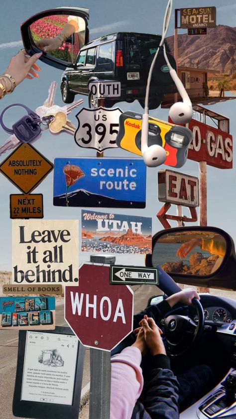 Collage Vision Board, Road Trip Books, Roadtrip Aesthetic, Travel Collage, Utah Road Trip, Collage Board, Tv Land, Scenic Routes, Road Trip Usa