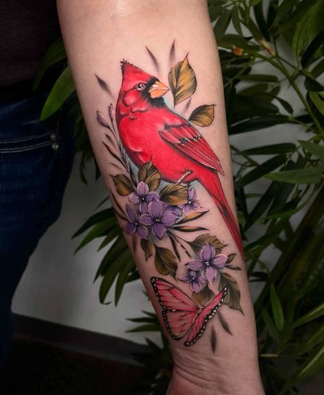 Red Bird Tattoo, Cardinal Bird Tattoos, Red Cardinal Tattoos, Half Sleeve Tattoo Upper Arm, Dogwood Flower Tattoos, Bird And Flower Tattoo, Memorial Tattoo Designs, Red Bird Tattoos, Cardinal Tattoo