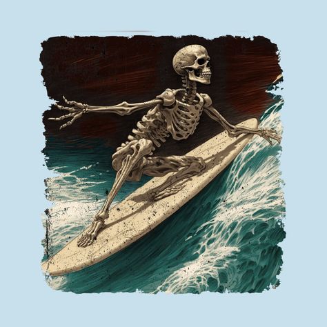 Surfing Skeleton, Surf Illustration, Surfboard Painting, Surfing Pictures, Surf Tshirt, Sketch Drawing, Graveyard, Drawing Ideas, Drawing Sketches