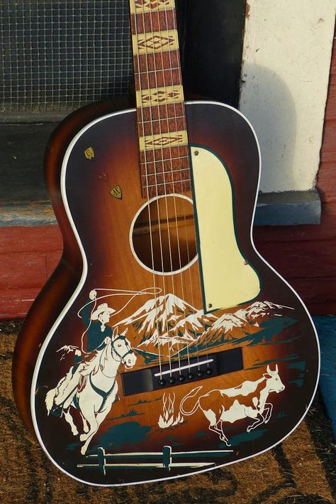 c.1940 Kay "Del Oro" Cowboy Stencil 00 Guitar Cowboy Stencil, Guitar Stencil, Guitar Art Diy, Acoustic Guitar Art, Electric Guitar Design, Guitar Store, Guitar Painting, Unique Guitars, Stringed Instruments