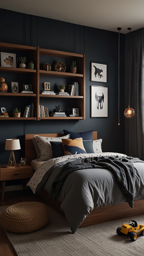 Moody Boys Bedroom, Young Men Room Ideas Bedrooms, Boys Room Wall Color, Young Mans Bedroom, Boys Bedroom Colors, Teenager Bedroom Design, Blue Boys Bedroom