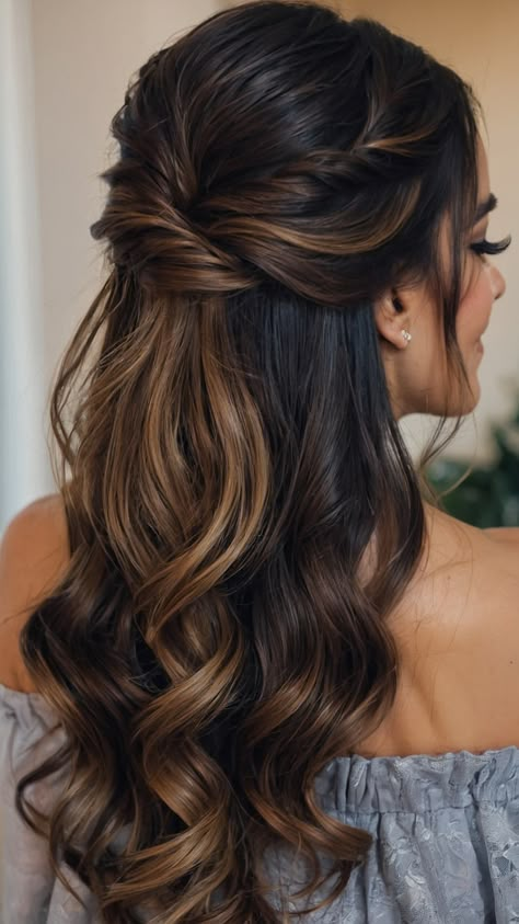 Half Up Half Down Bun Bridesmaid Hair, Mother Of The Bride Hair Bangs, Hairstyles For Medium Length Hair Curly Soft Curls, Ponytail Styles For Wedding, Parted Bun, Braid And Ponytail, Hair Ideas For Curly, Hair Inspo Ideas, Mob Hair