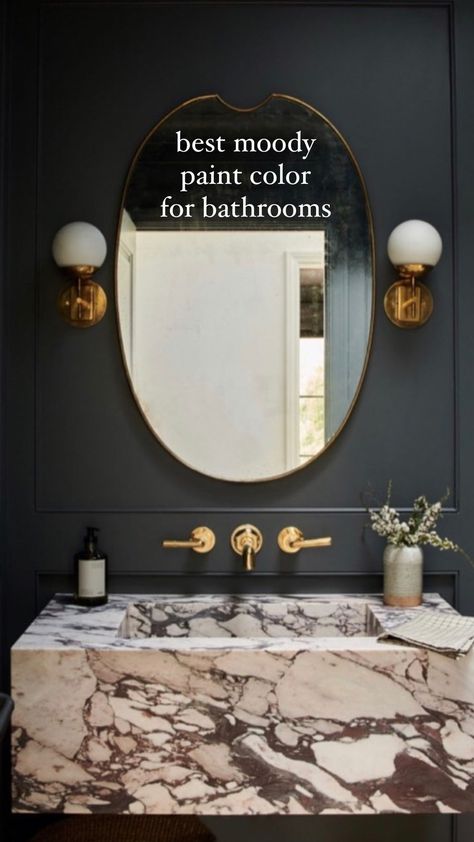 Best Moody Paint Color for Bathrooms! Floating Marble Vanity Bathroom, Dark Painted Powder Room Ideas, Best Moody Paint Colors Behr, Bathrooms With Dark Walls, Moody Powder Room Farmhouse, Black Paint Powder Room, Paint Ideas Bathroom Walls, Dark Color Powder Room, Wallpaper Powder Room Moody