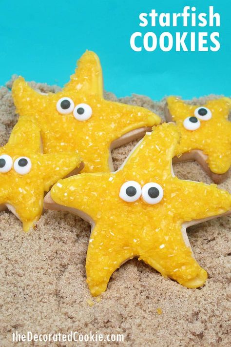 how to decorate easy starfish cookies with royal icing, sprinkles, and candy eyes, a summer or beach party idea Starfish Cookies, Fish Cookie, Nemo Party, Frosted Cookies, Fish Cookies, Beach Cookies, Amazing Cookies, Ra Ideas, Summer Cookies