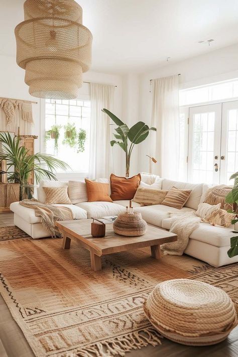 Medeteranian Interior, Warm Earthy Living Room, Boho Living Room Decor Ideas, Earthy Living Room, Living Room Throws, Modern Boho Living Room, Boho Inspo, Wall Lights Living Room, Boho Living Room Decor