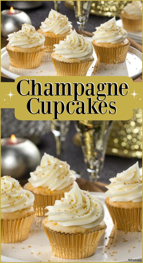 A little champagne in the batter makes these cupcakes great for serving on New Year's Eve. The large sugar crystals on top makes them fancy and festive too! Champagne Cupcake Recipes, New Years Eve Dessert, New Year's Cupcakes, New Year's Desserts, Champagne Cupcakes, Fancy Cupcakes, New Year's Food, Oreo Dessert, Sugar Crystals