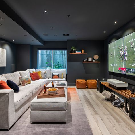 75 Home Theater with Black Walls Ideas You'll Love - March, 2024 | Houzz Game Room And Theatre Room, Large Sectional Sofa Basement, Bonus Room Theater, Movie Theater Home Ideas, Home Theater Basement Media Rooms, Home Theater Gaming Room, Playroom Theater Room, Game Room Family Modern, Contemporary Media Room