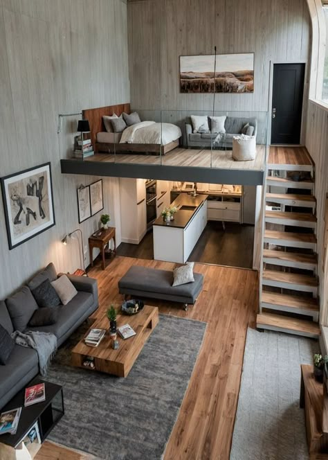 Tiny House 2 Space House, Tiny Loft, Loft House Design, Loft Interior Design, Tiny House Loft, Interior Design Your Home, House Floor Design, Small Apartment Design, Future Apartment Decor